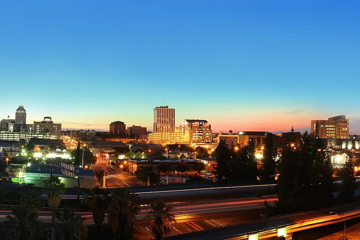Fresno, California downtown skyline at dusk — mobile home leveling and Title 25 service area